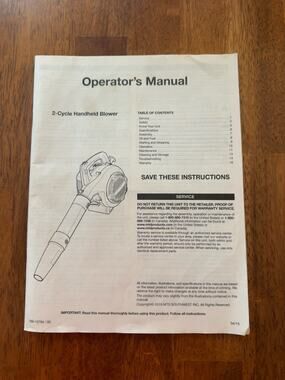 Original MTD Southwest Operator’s Manual for a 2-cycle handheld leaf blower.